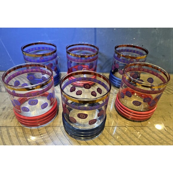 Sakura Sango Sue Zipkin MCM Golf Rim MCM Drinking Glass Blue Red Gold Rimmed VTG - Picture 1 of 3